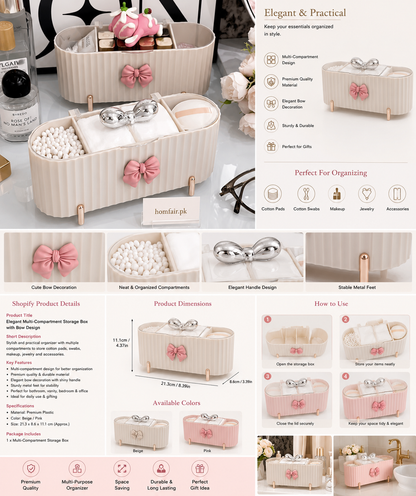 Luxury Multi-Compartment Vanity Organizer Box with Bow Design