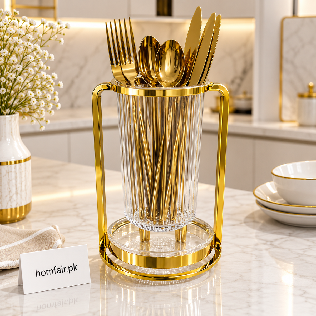 Luxury Golden Acrylic Cutlery Holder with Round Tray