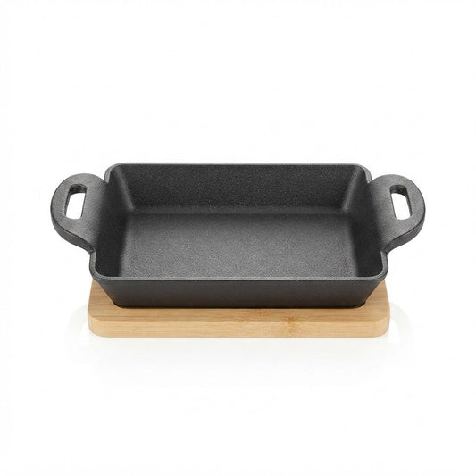 Danny Home Premium 15cm Cast Iron Griddle with Bamboo Base for Searing & Table Serving