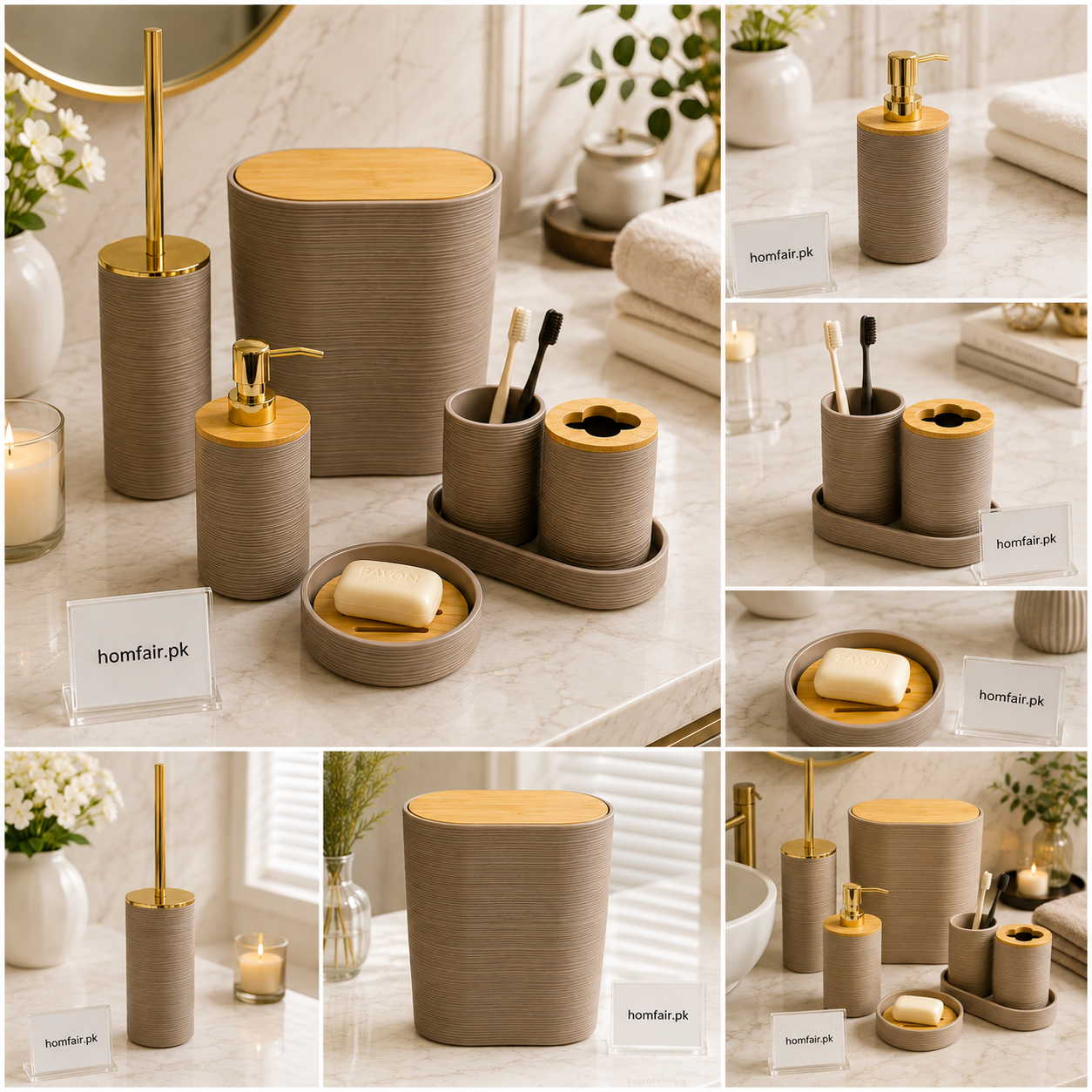 Luxury Bathroom Accessories Set with Bamboo Lid – 6 Piece Modern Bathroom Organizer