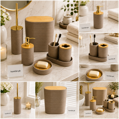 Luxury Bathroom Accessories Set with Bamboo Lid – 6 Piece Modern Bathroom Organizer