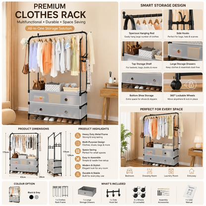 Premium Multifunctional Clothes Rack with Storage Drawers Heavy Duty Garment Organizer