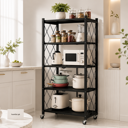 Foldable Heavy-Duty Multilayers Kitchen Storage Rack with Wheels