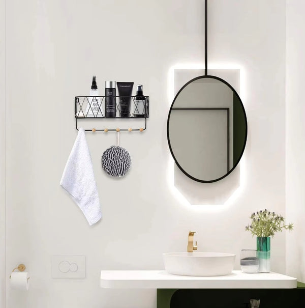 Luxury Nordic Wall Basket Shelf with Wooden Hooks | Modern Metal Storage Organizer Rack