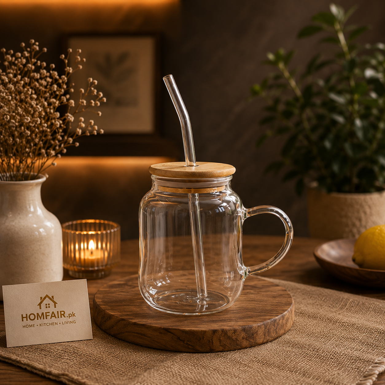 Premium Glass Mason Jar Mug with Bamboo Lid & Glass Straw