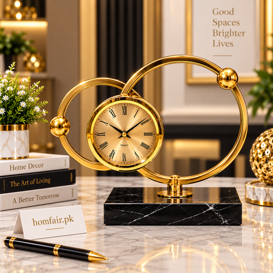Luxury Gold Circular Loop Table Clock with Black Marble-Style Base – Elegant Decorative Desk Clock