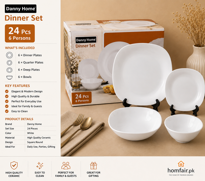 Danny Home 24pcs Modern Square White Dinner Set