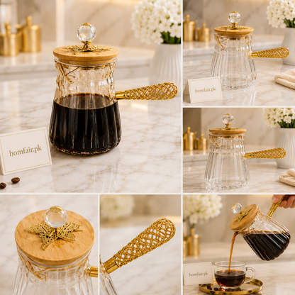 Premium Borosilicate Glass Coffee Pot with Wooden Lid & Golden Handle