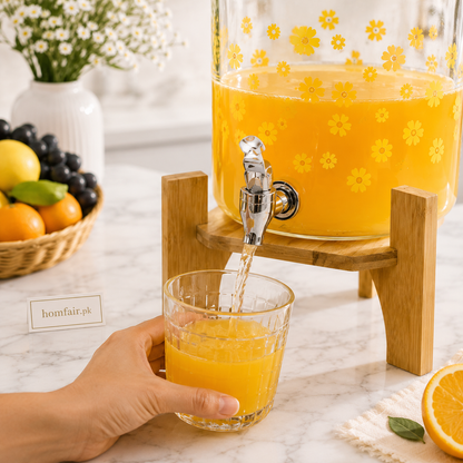 Glass Beverage Dispenser with Wooden Stand & Tap