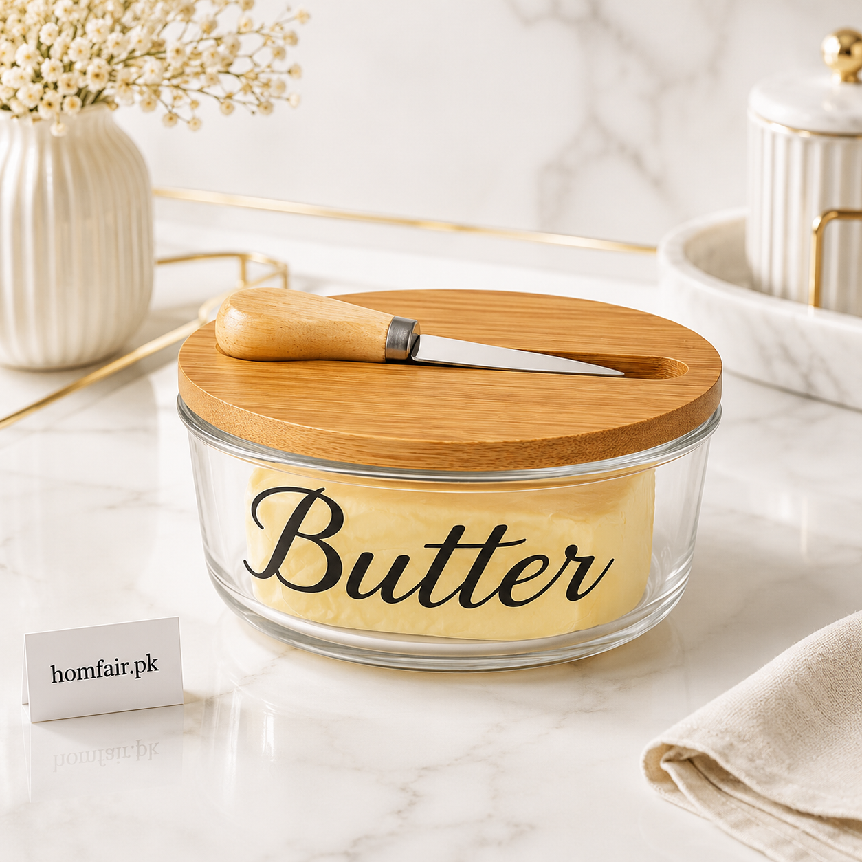 Glass Butter Dish with Wooden Knife