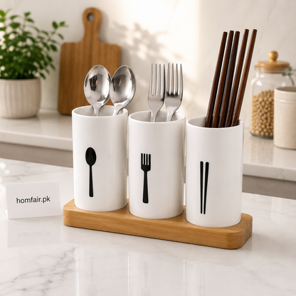 3-Piece Utensil Holder Set with Wooden Stand