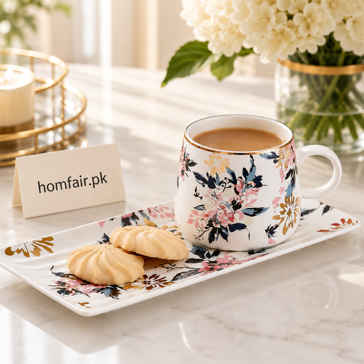 Luxury Floral Ceramic Coffee Mug with Serving Tray – Premium Tea & Coffee Gift Set