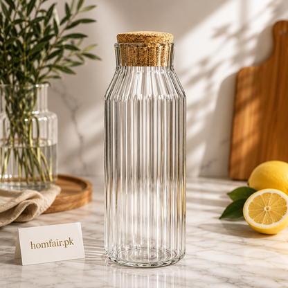 Ribbed Glass Water Bottle with Natural Cork Lid