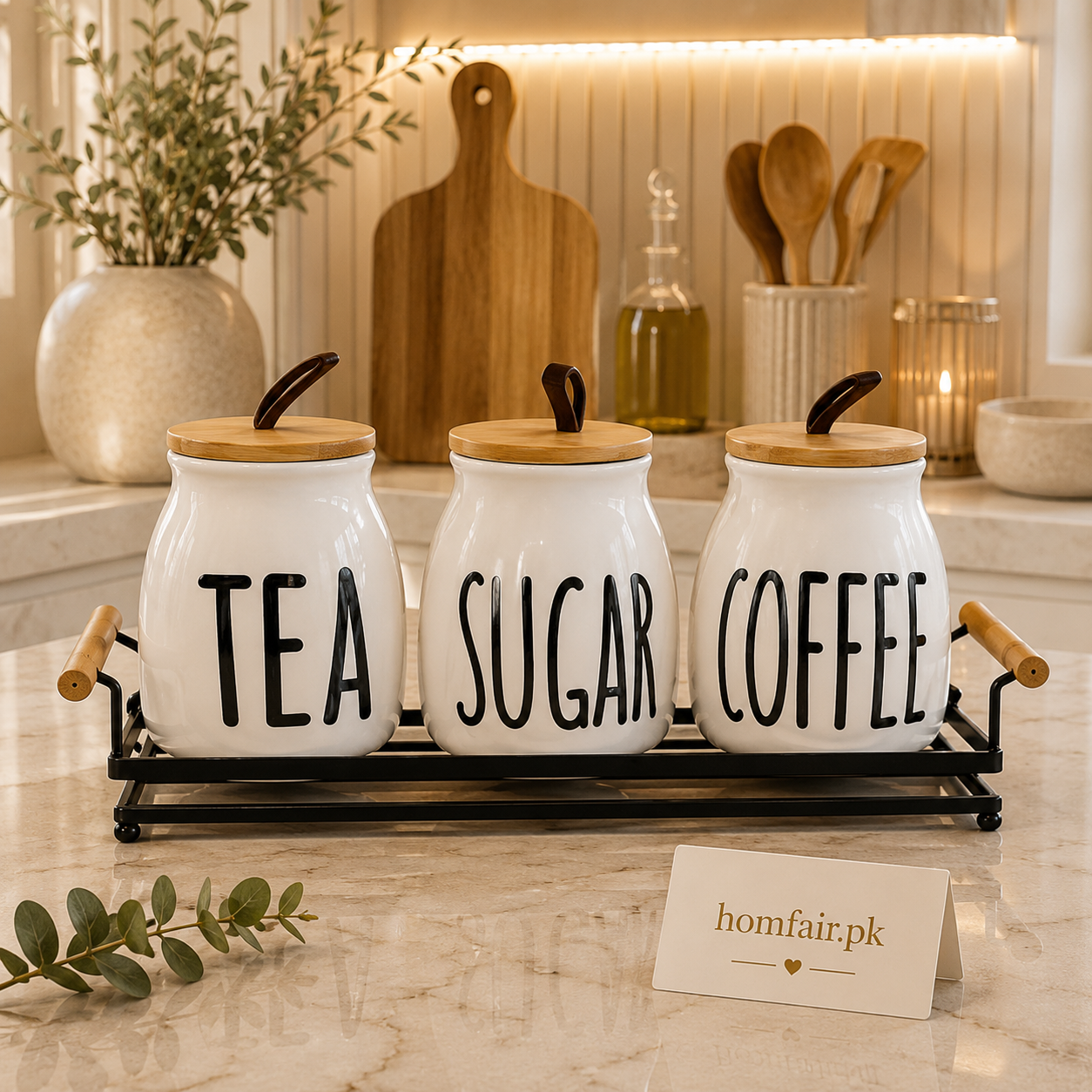 Premium Ceramic Tea, Coffee & Sugar Canister Set with Metal Tray