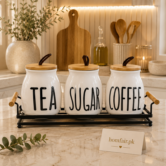 Premium Ceramic Tea, Coffee & Sugar Canister Set with Metal Tray