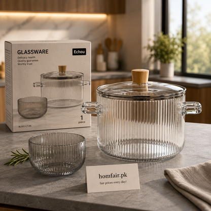Heat Resistant Crystal Clear Ribbed Glass Cooking Pot with Lid & Glass Bowl Set