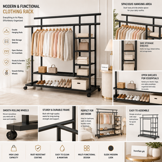 Heavy-Duty Rolling Clothes Rack with Double Hanging Rods & Storage Shelves