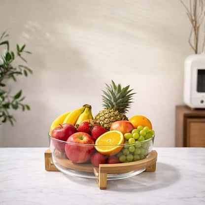 Premium Glass Fruit Bowl with Bamboo Wooden Stand | Modern Serving & Storage Bowl