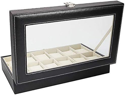 Luxury 12-Slot Watch Organizer Box with Glass Display Lid