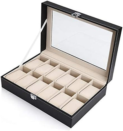 Luxury 12-Slot Watch Organizer Box with Glass Display Lid