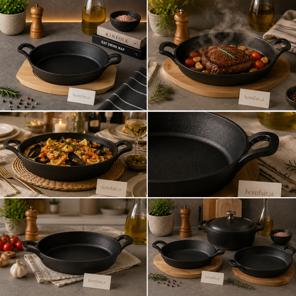 Danny Home Cast Iron Oval Griddle with Bamboo Serving Base – 22 × 15.4 × 4.2 cm