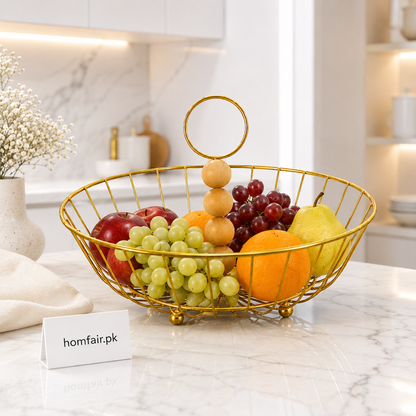 Luxury Golden Wire Fruit Basket with Wooden Bead Handle