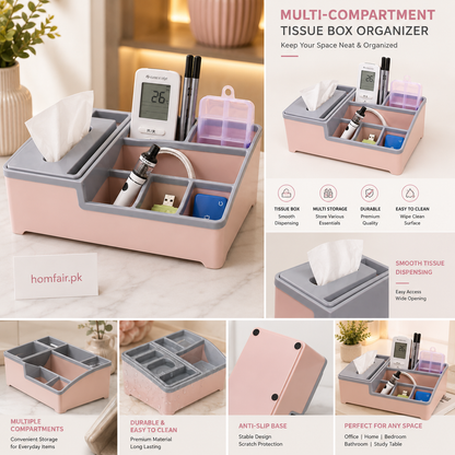 Premium Multi-Compartment Tissue Box Organizer – Desktop Storage Holder for Home & Office