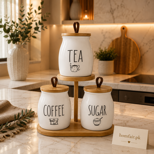 Premium Ceramic Tea, Coffee & Sugar Canister Set with Wooden Display Stand