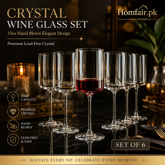 Crystal Wine Glass Set of 6 15oz Hand Blown Square Design Elegant Lead-Free Crystal Glasses