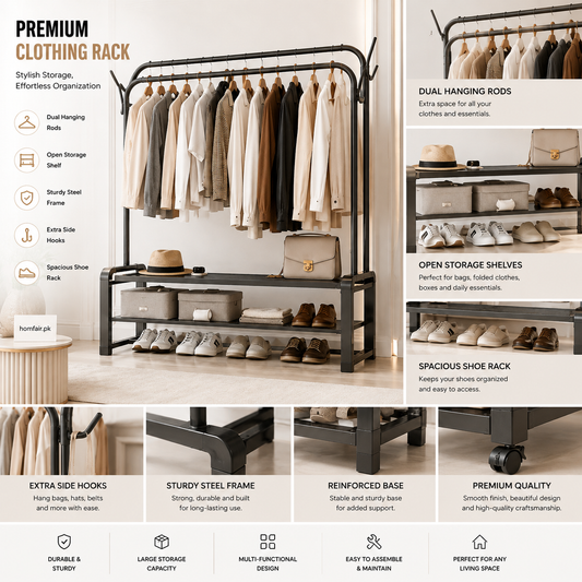 Heavy-Duty Double Rail Clothes Rack with Storage Shelves – 48KG Load Capacity