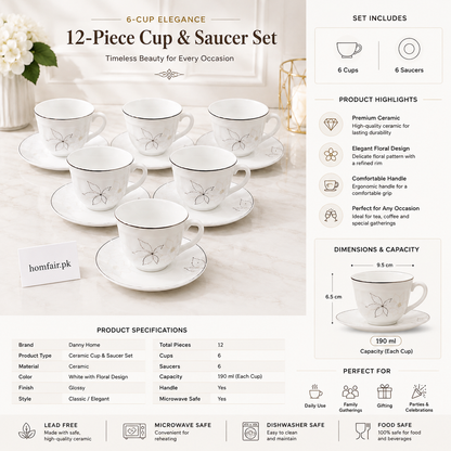 Danny Home 12-Piece Floral Cup & Saucer Set – 190 ml