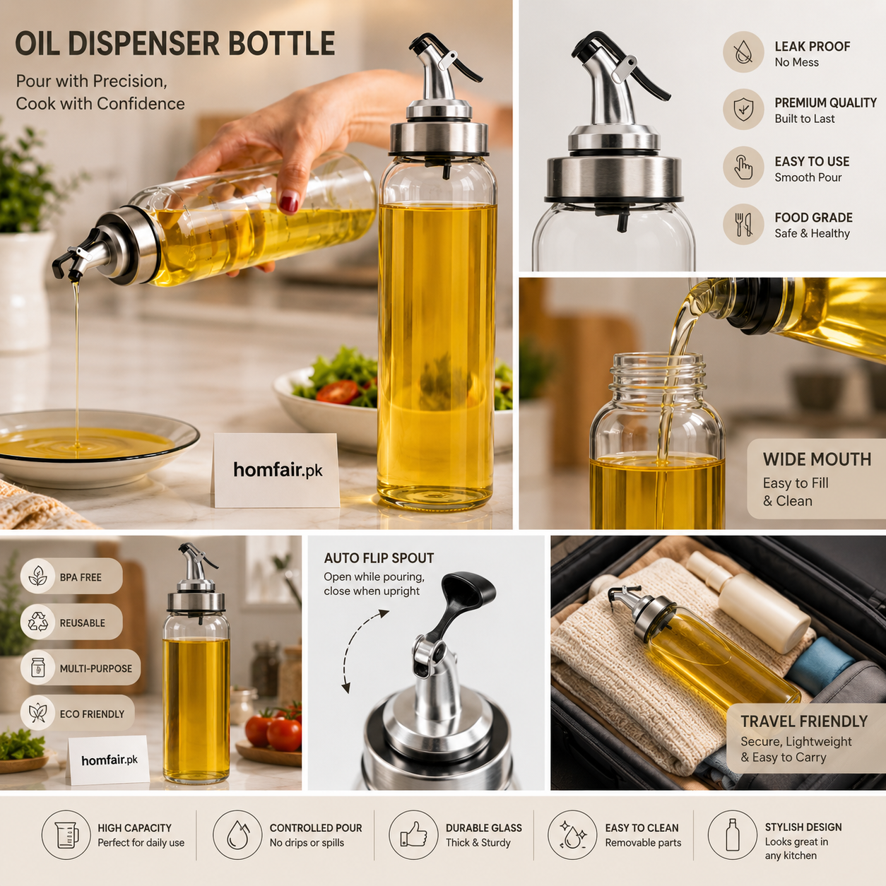Premium Glass Oil Dispenser Bottle with Stainless Steel Auto Flip Pour Spout – 450ml