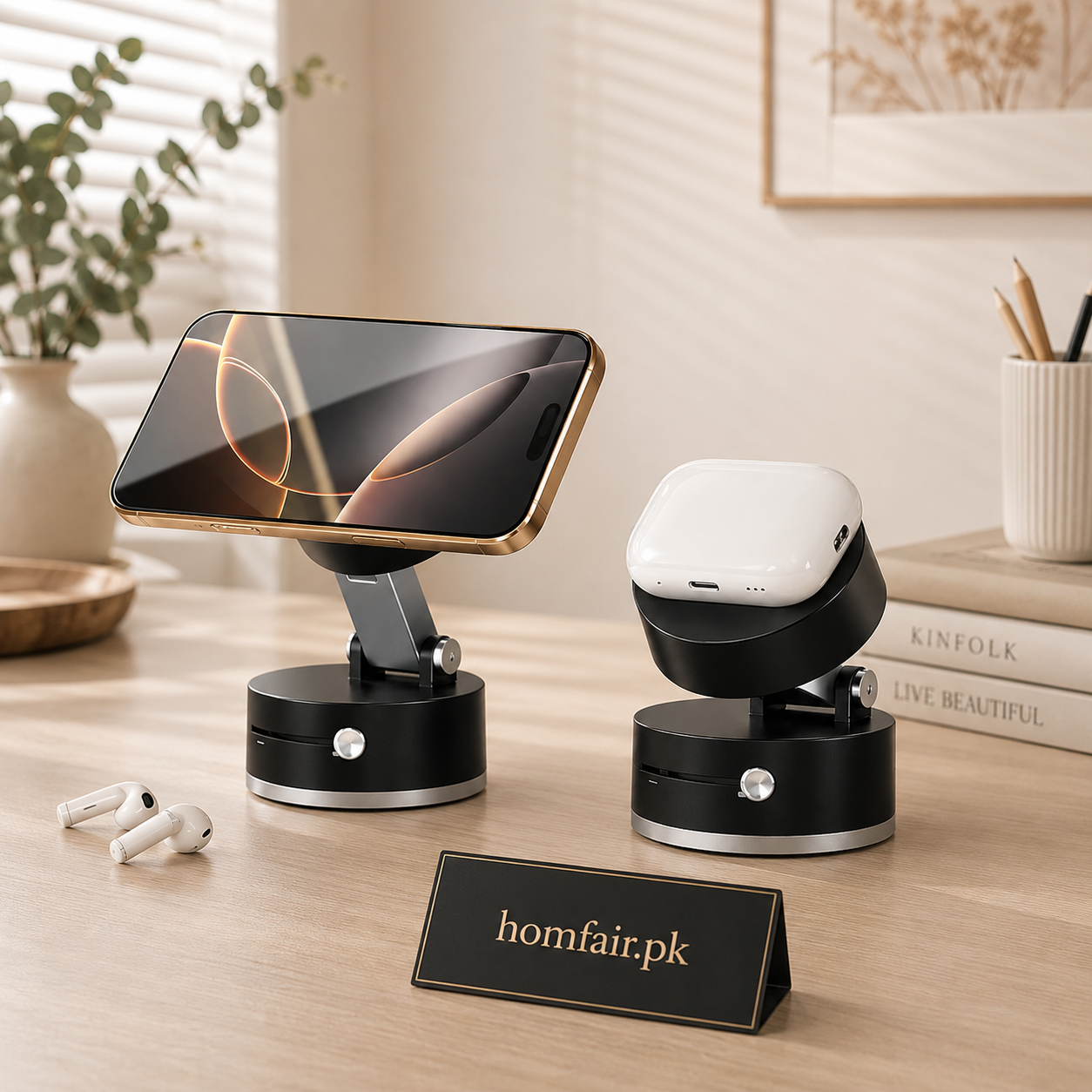 360° Rotating Magnetic Phone & Earbuds Stand – Adjustable Desktop Holder