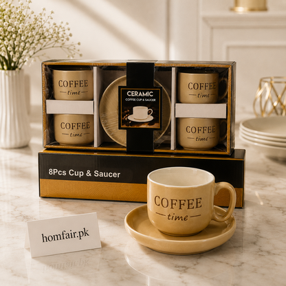 Ceramic Coffee Cup & Saucer Set – 8 Pcs | Coffee Time