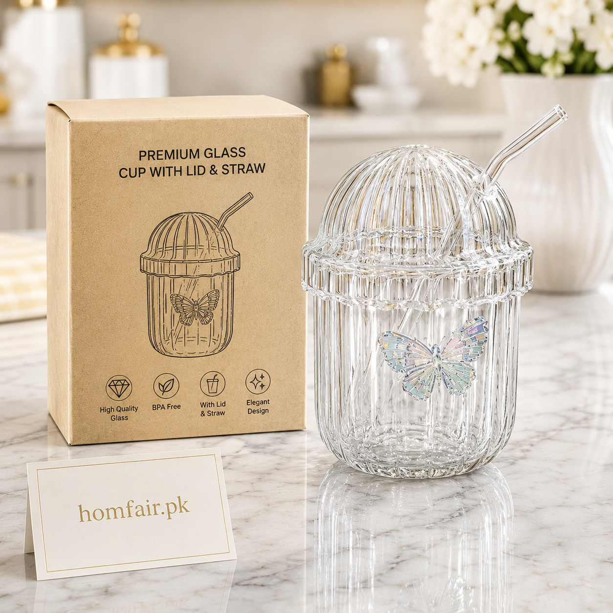 Premium Butterfly Glass Cup with Lid & Glass Straw
