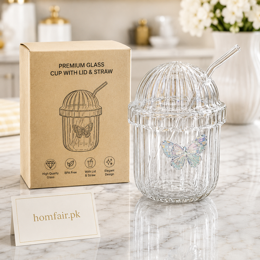 Premium Butterfly Glass Cup with Lid & Glass Straw
