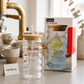 500ml Clear Ribbed Glass Tumbler with Bamboo Lid & Glass Straw