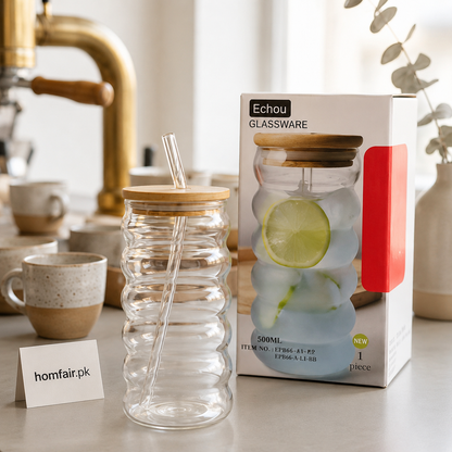 500ml Clear Ribbed Glass Tumbler with Bamboo Lid & Glass Straw