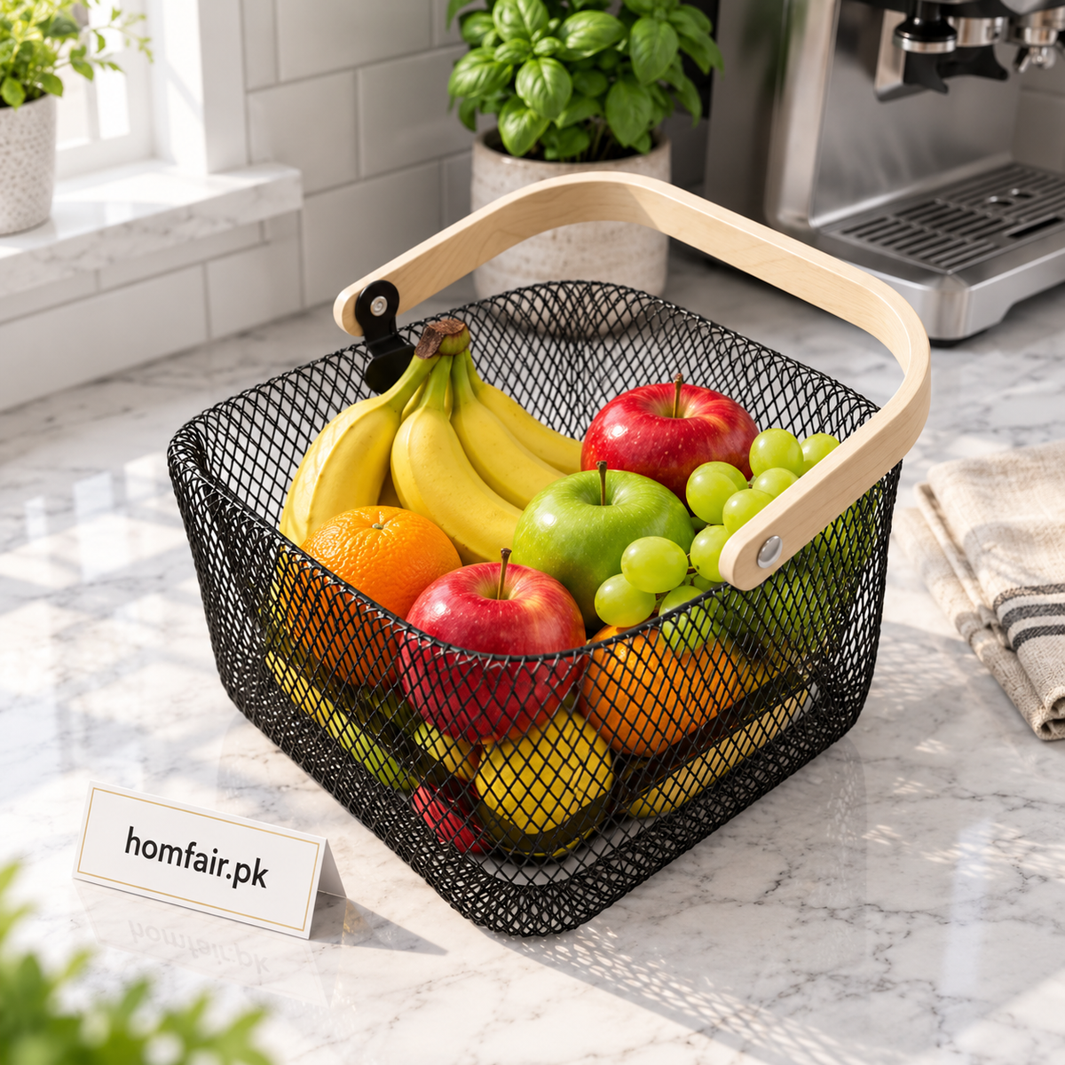 Double Wall Metal Wire Basket with Wooden Handle for Kitchen Storage