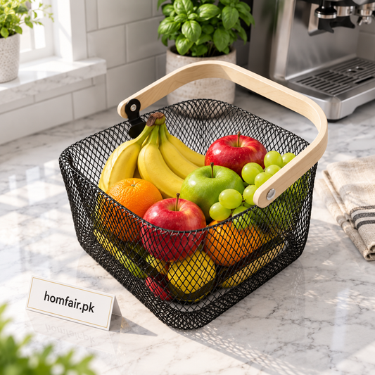 Double Wall Metal Wire Basket with Wooden Handle for Kitchen Storage