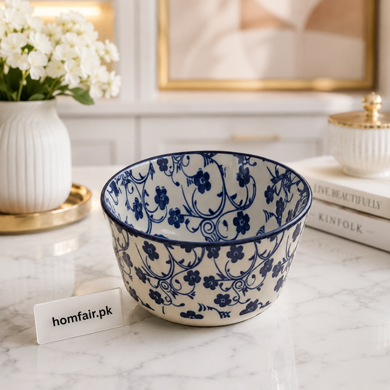 Danny Home Blue Floral 3.75" Ceramic Bowl Premium Serving Bowl