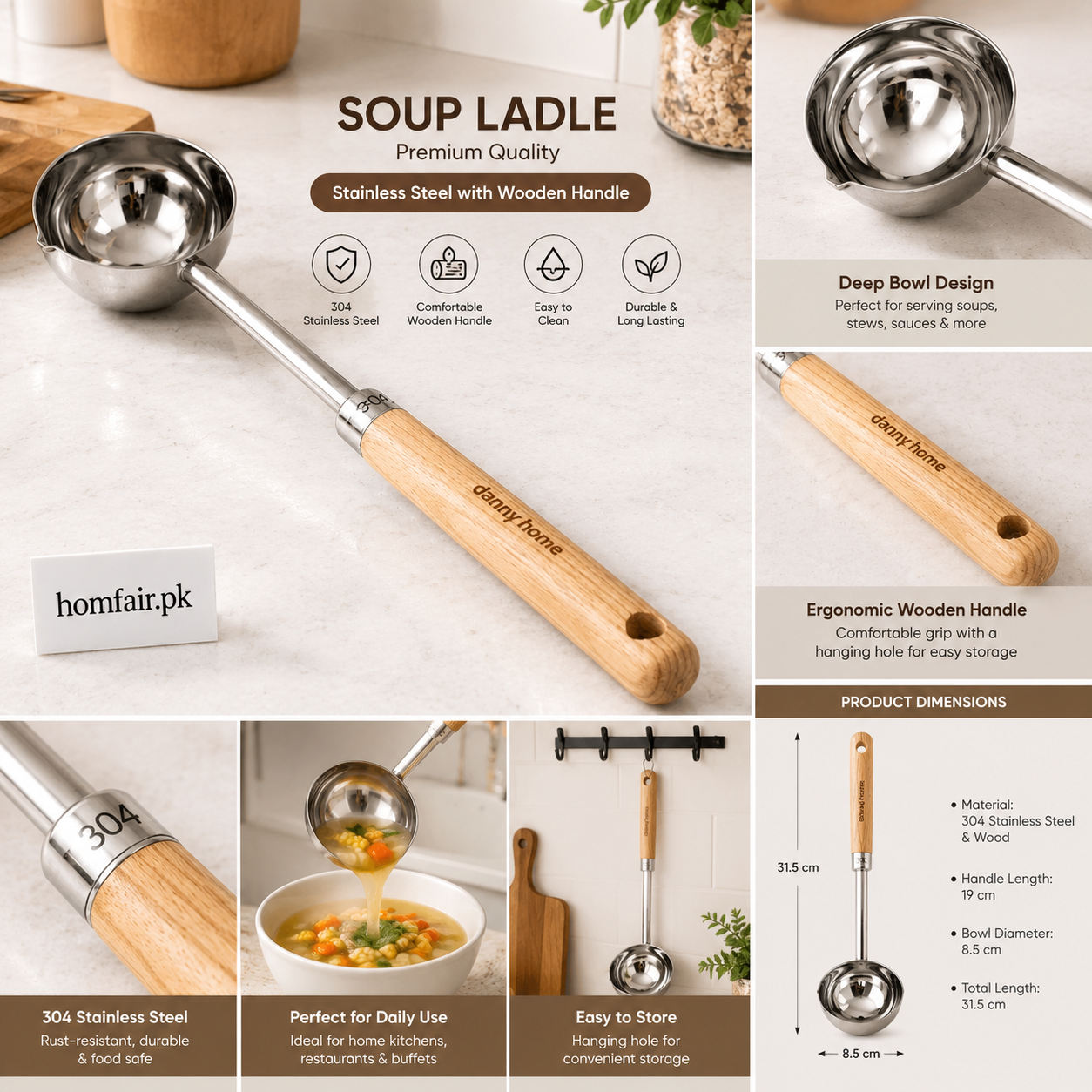 Danny Home Stainless Steel Soup Ladle with Wooden Handle