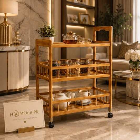 Luxury 3 Tier Wooden Tea Trolley Cart with Wheels Kitchen Serving & Home Organizer