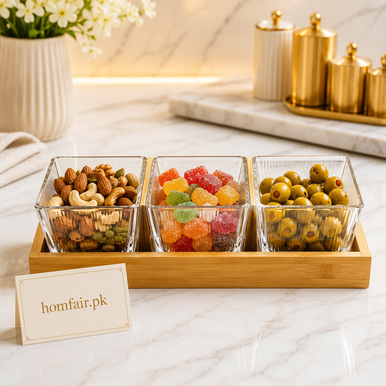 3 Bowl Glass Snack Serving Set with Bamboo Tray