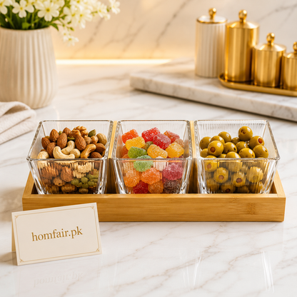3 Bowl Glass Snack Serving Set with Bamboo Tray