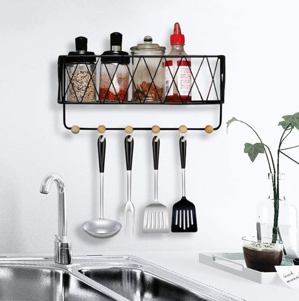 Luxury Nordic Wall Basket Shelf with Wooden Hooks | Modern Metal Storage Organizer Rack