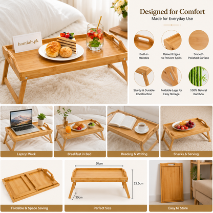 Premium Foldable Bamboo Bed Tray Table for Breakfast, Laptop & Serving