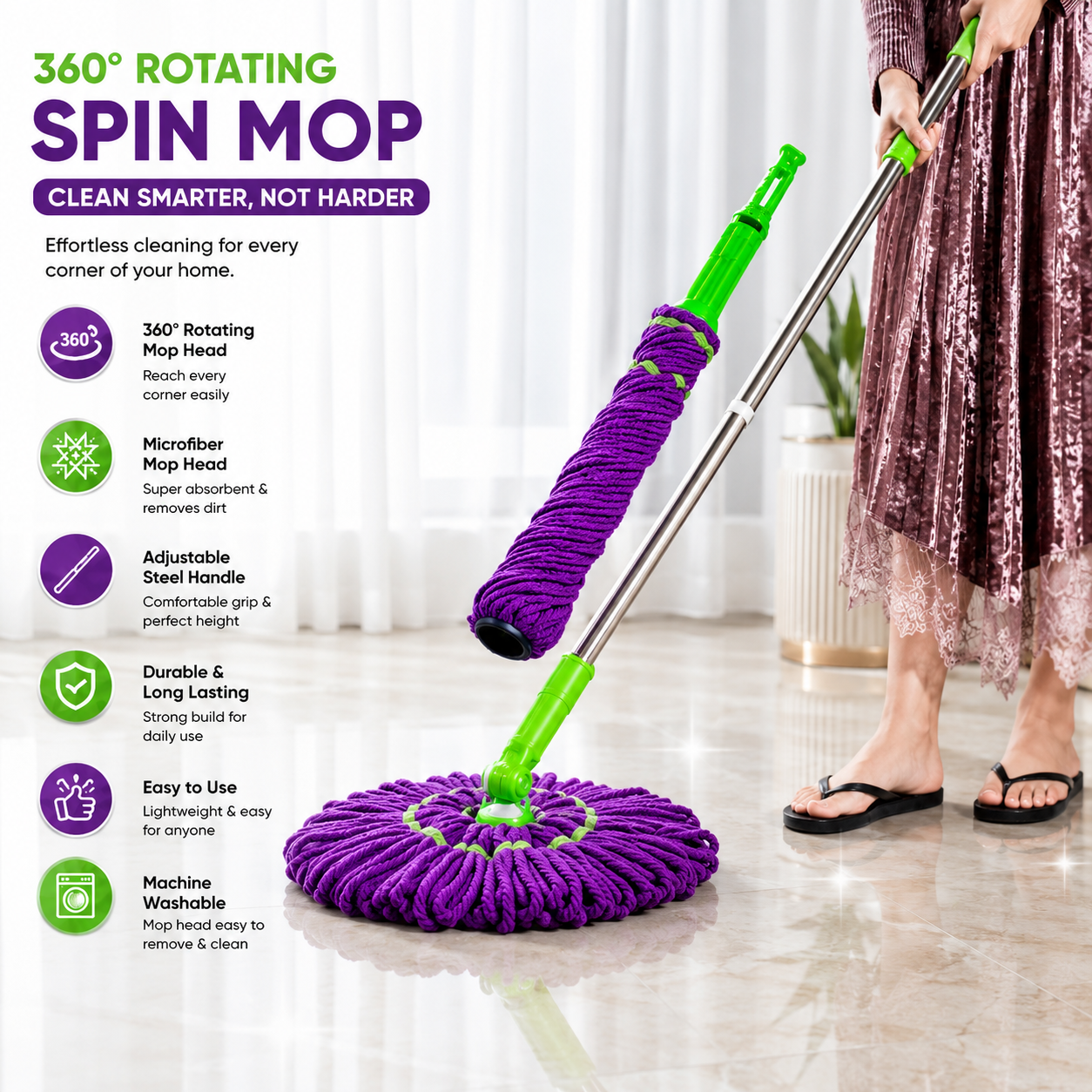360° Microfiber Floor Cleaning Mop with Adjustable Stainless Steel Handle