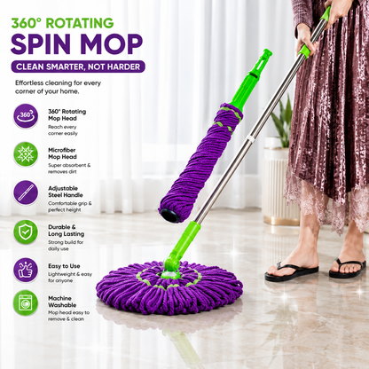 360° Microfiber Floor Cleaning Mop with Adjustable Stainless Steel Handle