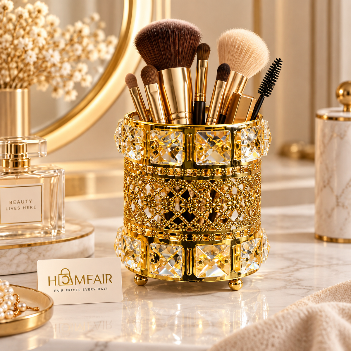 Luxury Golden Crystal Brush Holder with Ornate Decorative Design